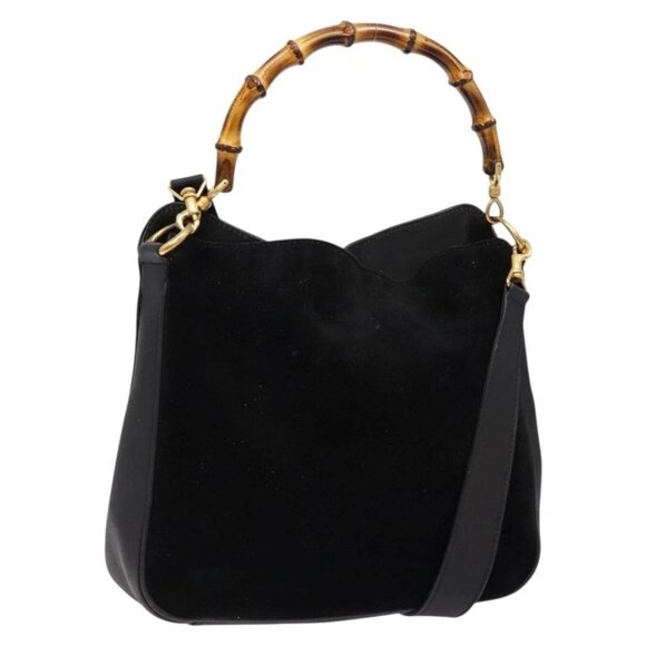 GUCCI Bamboo Shoulder Bag Suede 2way Black Gold 001 3754 1638 Auth 139273 - Picture 1 of 16